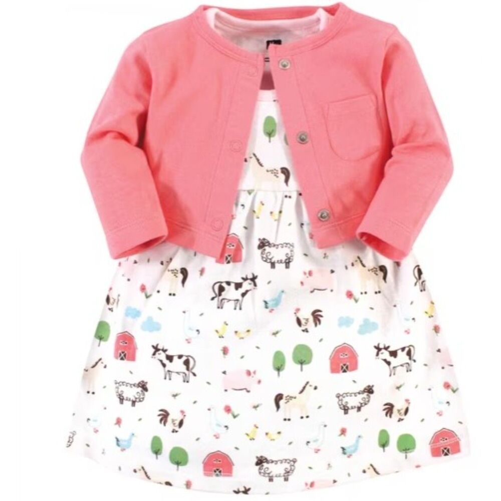 [4/$25] Hudson Baby Infant Cotton Dress and Cardigan 2pc Set, Farm Animals, 24m